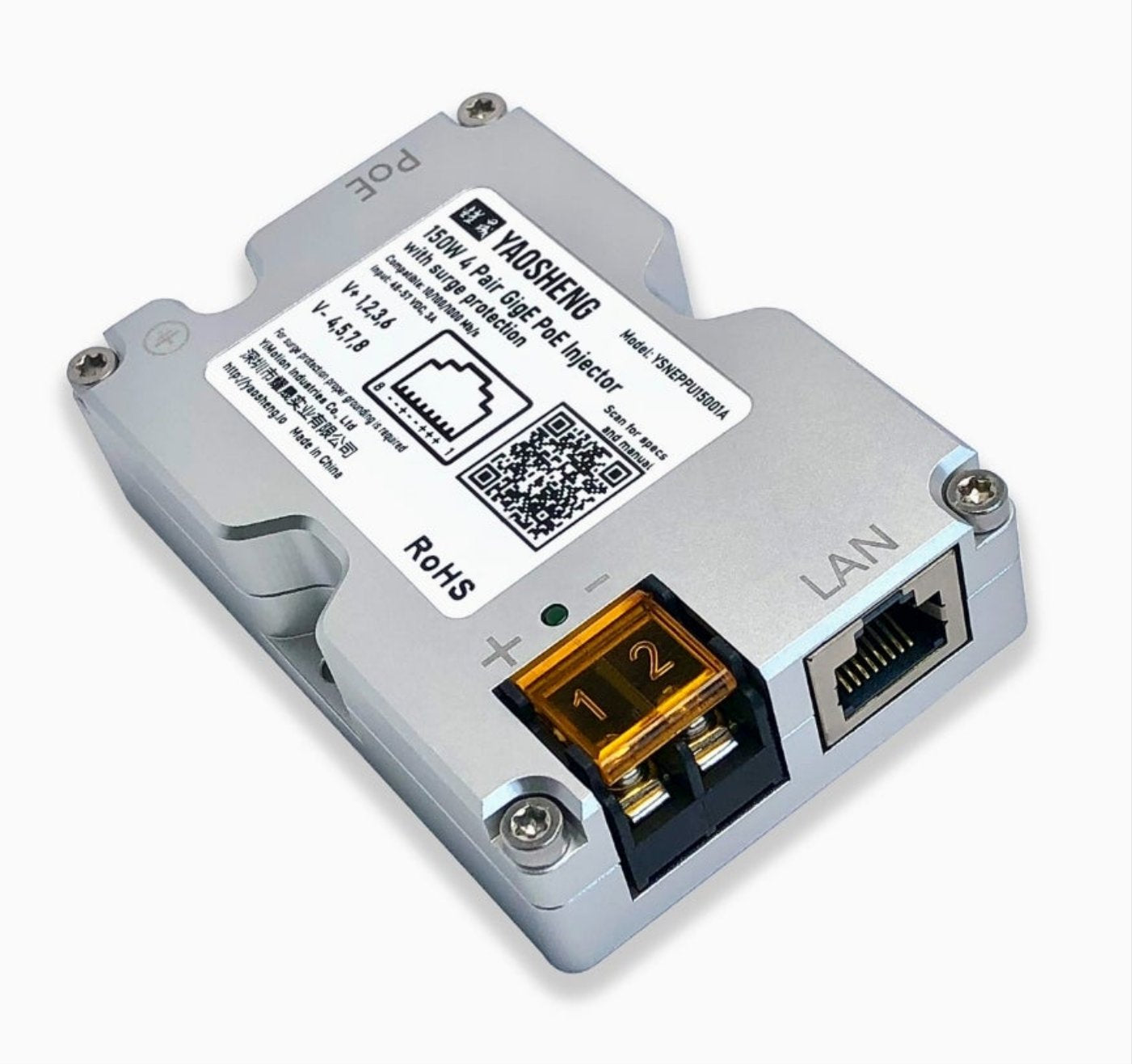 150W GigE Passive PoE Injector with Surge Protection, Developed for Dishy V2 pinout. 48-57V / 3A / 150W